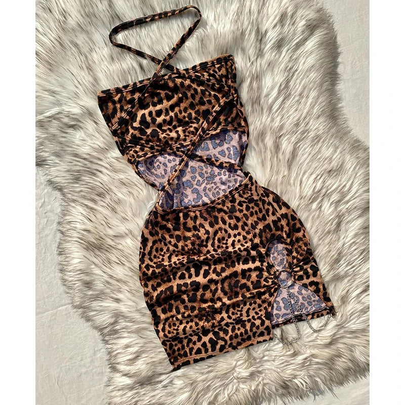 Elegant Leopard Print Mini Dress | Sexy Strapless Sleeveless Summer Holiday Gown | High-Street Hollow Bag Hip Clubwear Dress | Premium Medium Stretch Slim Fit Straight Silhouette Vestido Luxegan
