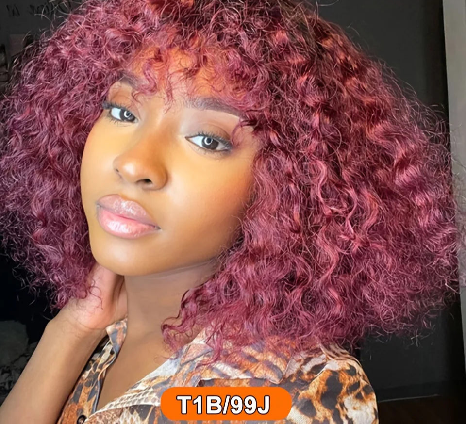 Brazilian Jerry Curly Human Hair Bob Wig with Bangs | Natural Highlight Honey Water Wave Kinky Curly Wigs for Women Luxegan