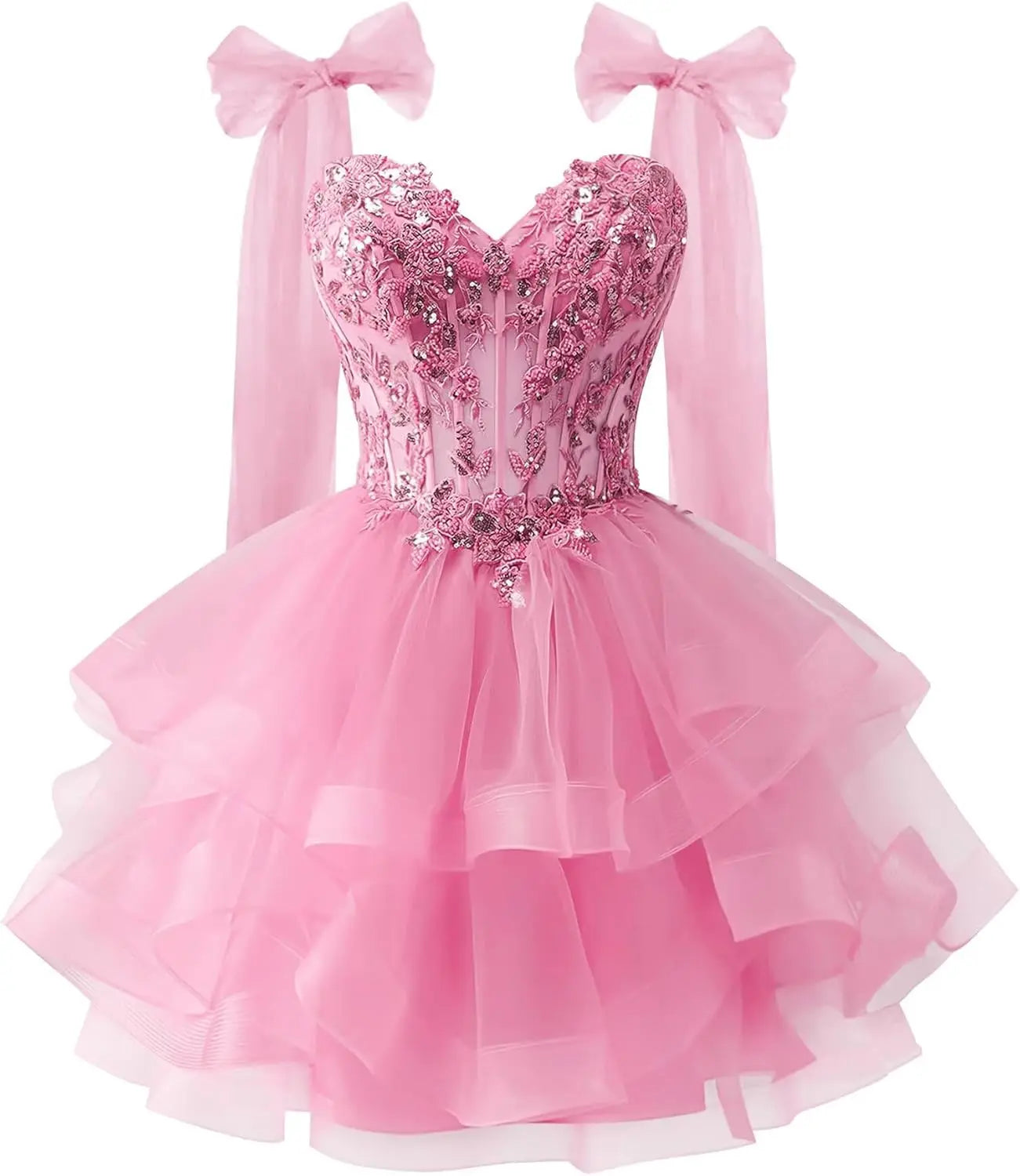 Tiered Tulle Homecoming Dresses Sparkly Lace Applique Bow Straps Short Prom Dress for Teens Cocktail Dress Graduation Dress