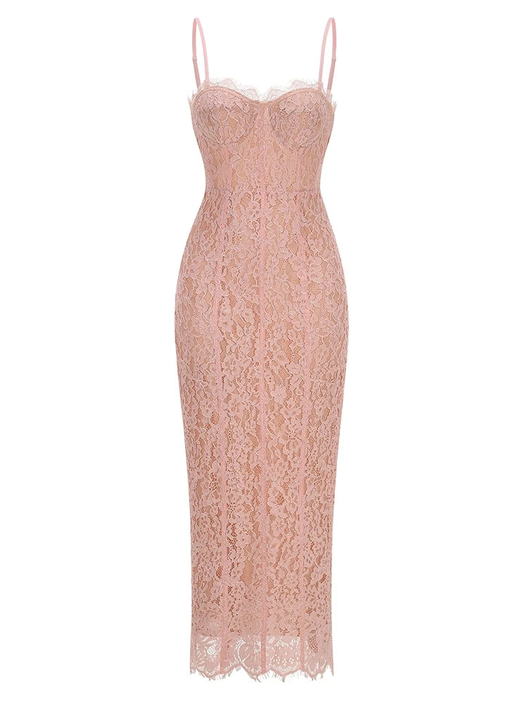 Elegant Black Floral Lace Evening Dress | Sexy V-Neck Spaghetti Strap Bodycon Dress | Slim Fit Ankle-Length Celebrity Party Gown | Premium Tatting Slight Stretch Sheath Dress Model F1459 Luxegan