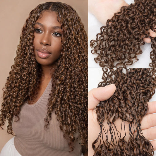 Brown & Honey Blonde Burmese Curly Crochet Human Hair | Sophisticated Knotless Pre-Separated Deep Wave | Elegant "Brazilian Remy" Silhouette | "Dignified" Feather Crochet Braiding Hair for Radiant Versatile Styling Luxegan