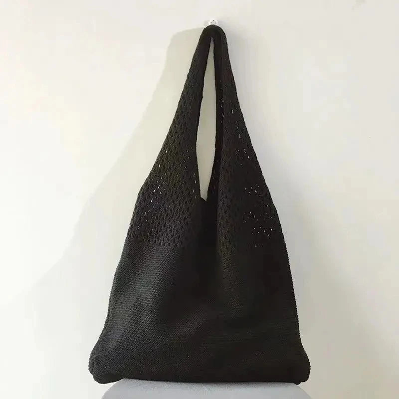 New Trend Women's Crochet Handbag | Retro Knitted Braid Solid Color Hollow Top-Handle Tote Bag (Black Khaki Shopper) Luxegan