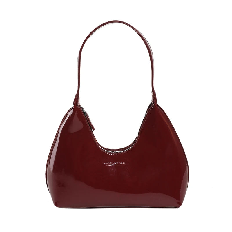 Designer Patent Leather Crescent Bag | Soft Solid Color Shoulder Tote Luxegan