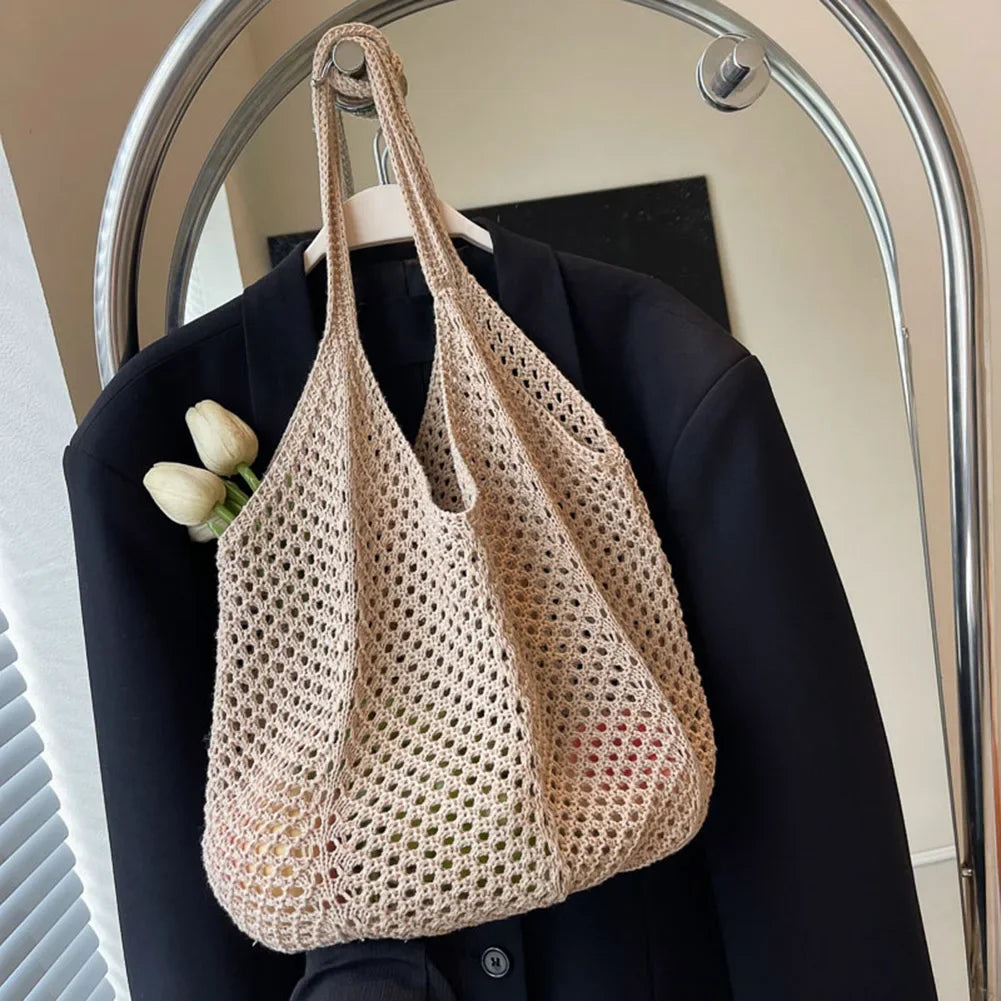 Fashionable Women’s Open-Weave Shoulder Bag | Large Capacity Knitted Underarm Bag | Minimalist Crochet Handbag | Summer Mesh Beach Bag for Vacation & Leisure Luxegan