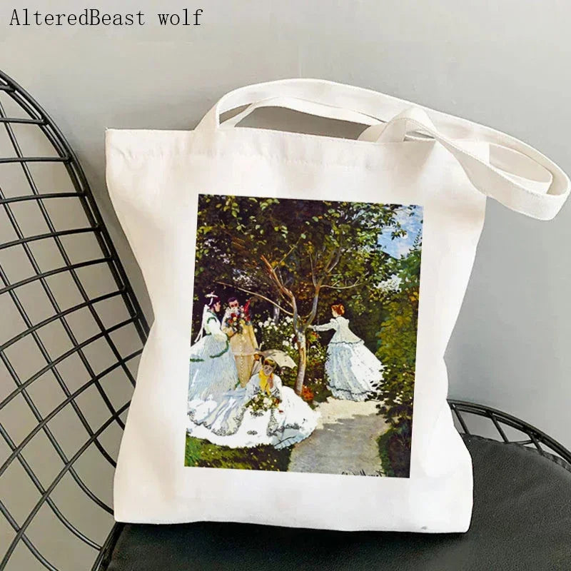 Monet Water Lilies Canvas Shoulder Bag | Sophisticated Kawaii Harajuku Shopping Tote | Elegant Art-Inspired Shopper Handbag | "Dignified" Durable Square Purse for Versatile Daily Styling Luxegan