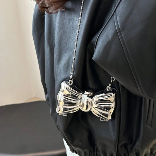 Personalized Fashion Mini Electroplated Silver Metal Bow Clutch | Shiny Cosmetic Chain Crossbody Bag & Coin Wallet (Minaudière) Luxegan