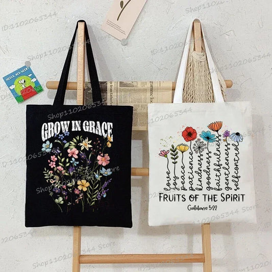 Vintage Wildflower Canvas Tote Bag | "Fruits of The Spirit" Religion Faith Shoulder Bag | Bohemia Casual Handbag for Teenagers (Unisex) Luxegan