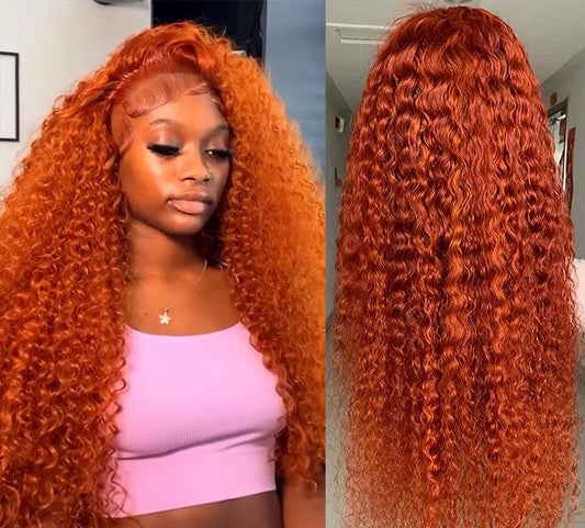 Radiant Orange Ginger Water Wave Wig | Sophisticated 13x6 HD Transparent Lace | Elegant "Brazilian Remy" 30-Inch Length | "Dignified" Pre-Plucked Deep Curly Human Hair for Radiant Versatile Styling Luxegan