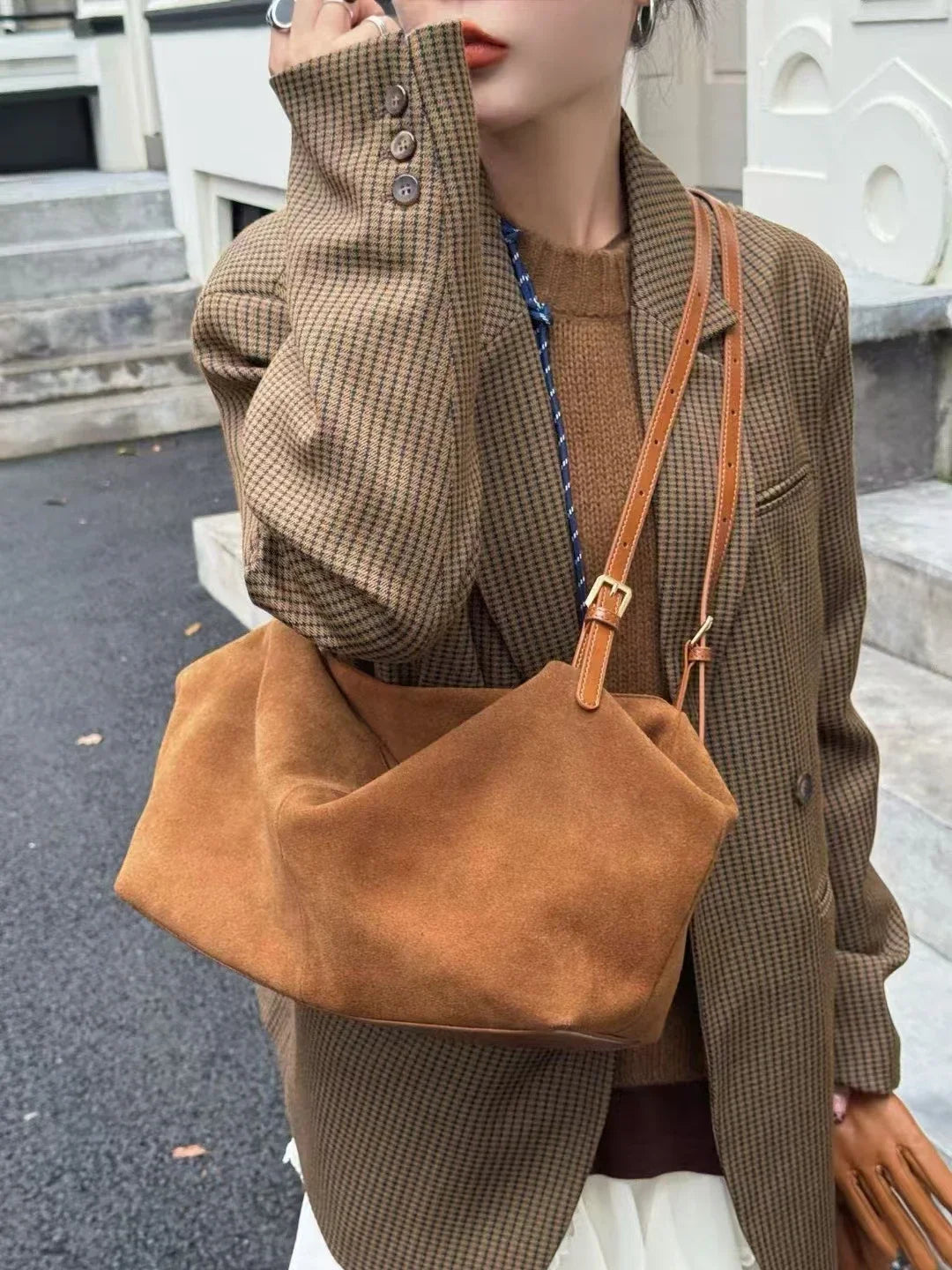 European and American Style 100% Natural Suede Cow Leather Tote | Huge Luxury and Lazy Commuting Nubuck Winter Handbag (Camel) Luxegan