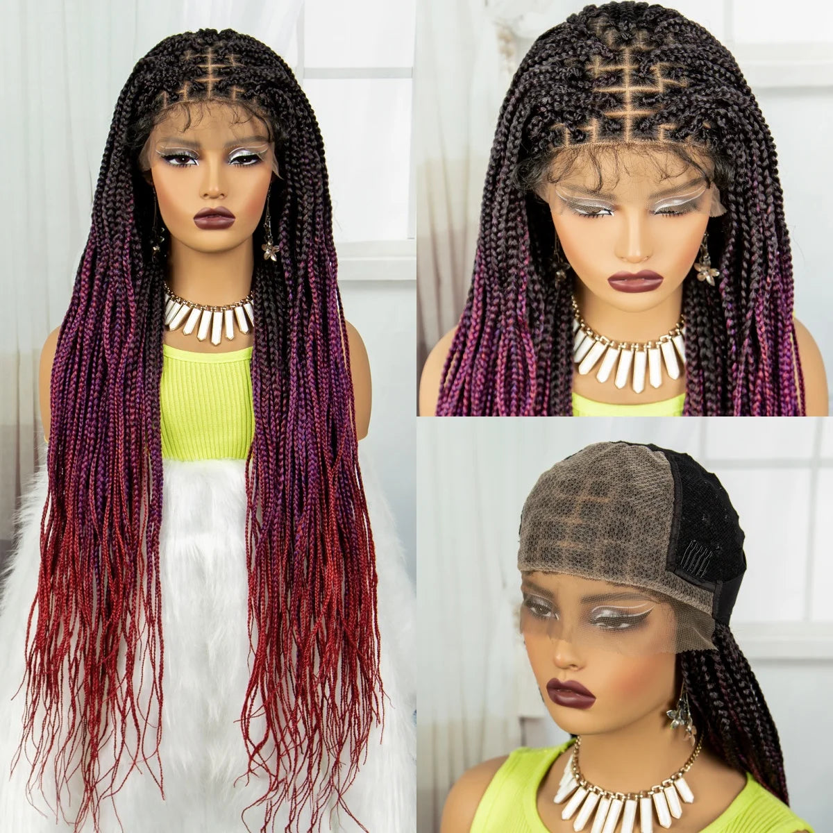 36" Burgundy Knotless Box Braids Wig | 9x6 Lace Front | Baby Hair Luxegan