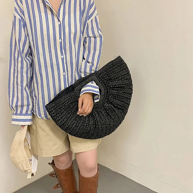 Summer Half-Moon Straw Beach Handbag | Sophisticated Handmade Rattan Handle Tote | Elegant Knitted Bohemian Shoulder Bag | Luxury Fashion-Forward Vacation Purse with "Dignified" Artisan Texture Luxegan