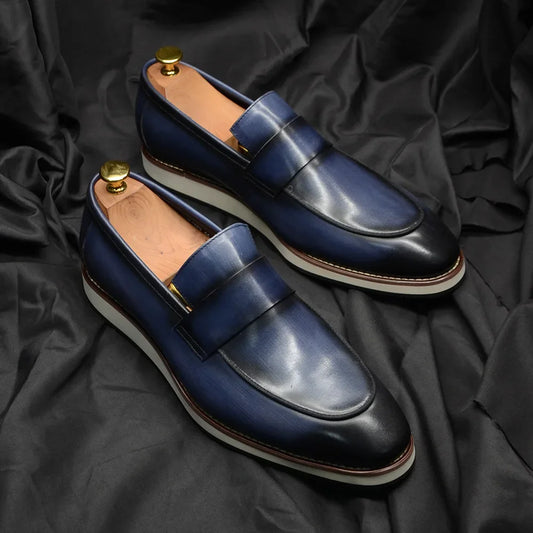 Luxury Men's Duotone Plain Toe Oxfords | Real Leather Wingtip Brogue Casual Dress Shoes (Height Increasing) Luxegan
