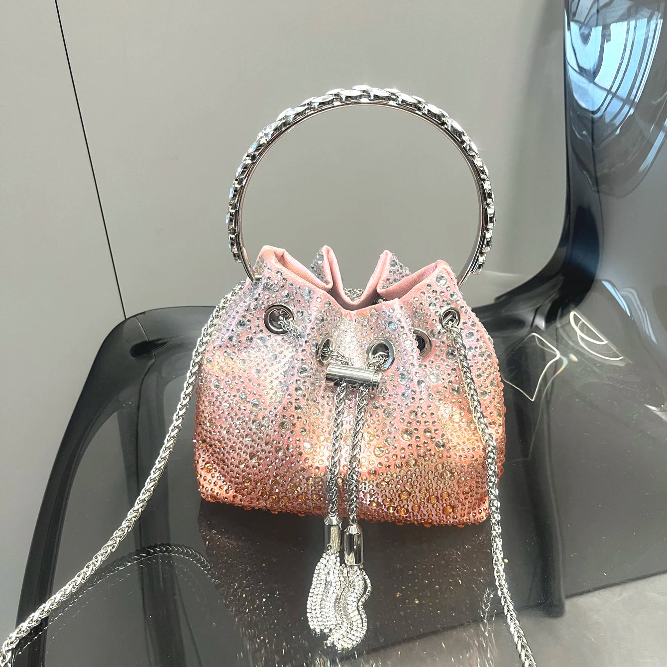 Luxury Designer Rhinestone Evening Clutch | Shiny Crystal Bucket Handbag & Fashion Shoulder Bag Luxegan