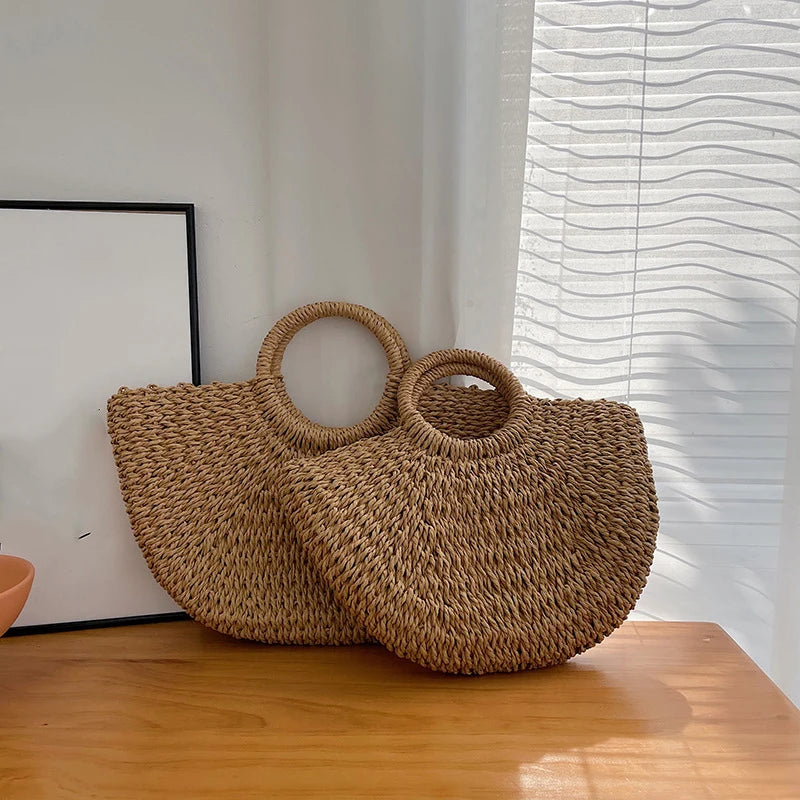 Handmade Moon Straw Beach Bag | Hard Woven Bohemian Tote Luxegan