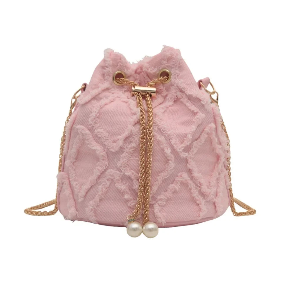 Portable Pearl Denim Bucket Bag | Chain Small Purse Tassel Denim Crossbody Bag | Korean Style Handbag Cloth Shoulder Bag (Casual Tote) Luxegan