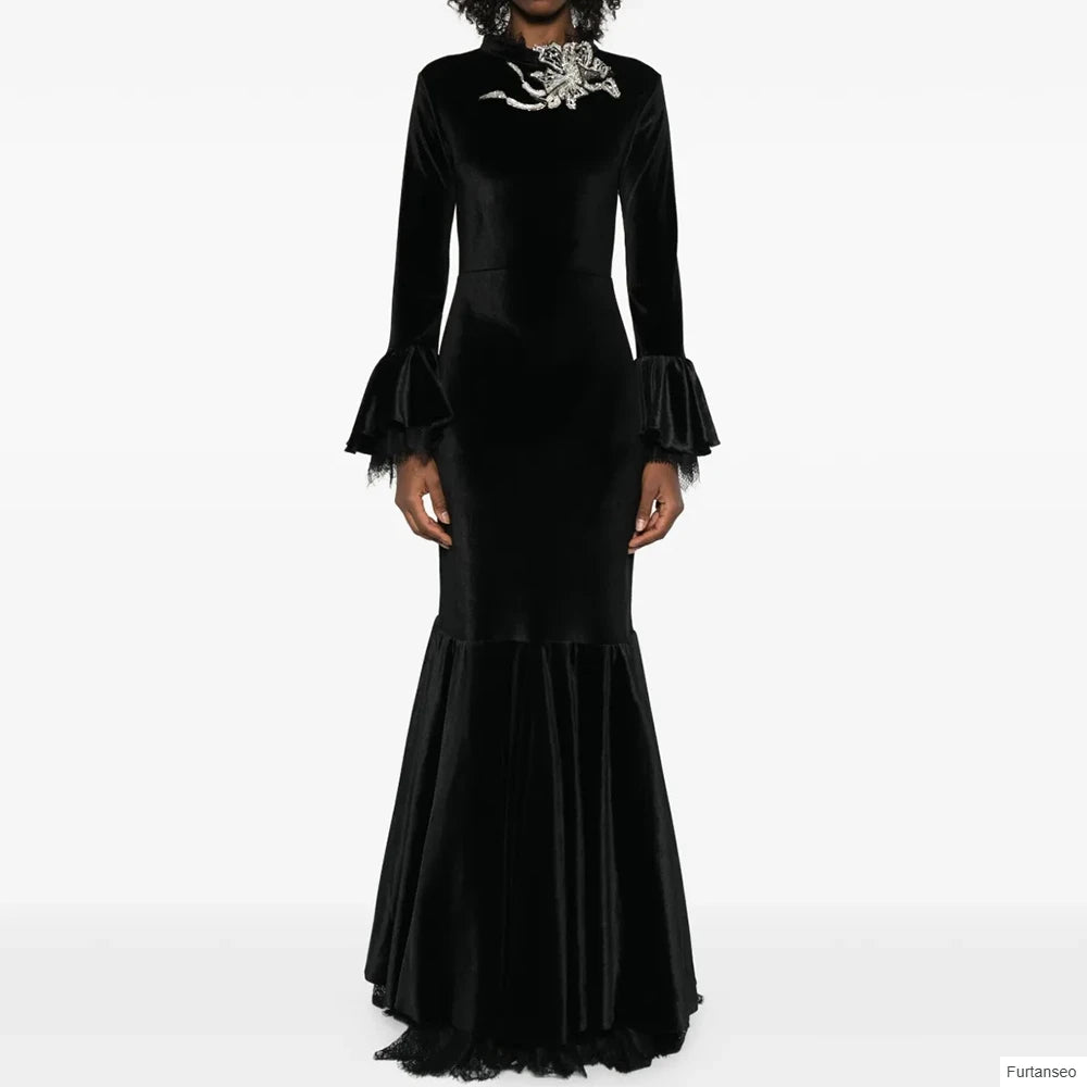 Lace Ruffle Floral Mermaid Evening Gown | High-Neck Full Sleeve Floor-Length Prom Dress