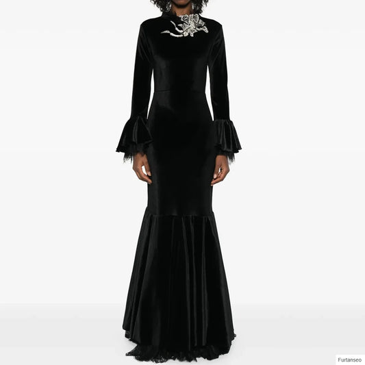Lace Ruffle Floral Mermaid Evening Gown | High-Neck Full Sleeve Floor-Length Prom Dress