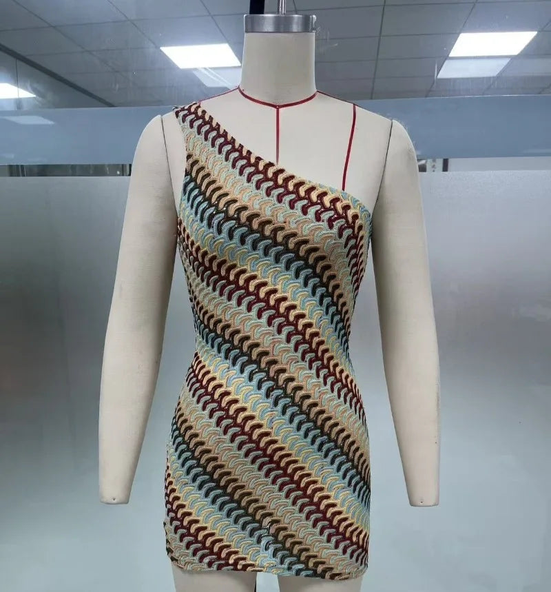 One-Shoulder Colorful Striped Bodycon Mini Dress Luxegan