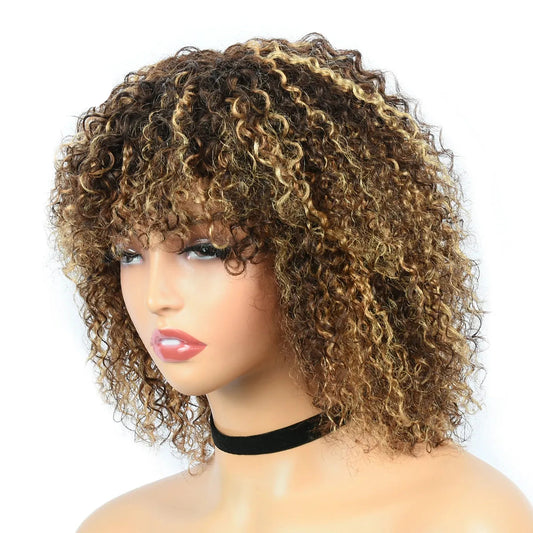 Highlight P4/27 Jerry Curl Pixie Cut Human Hair Wig with Bangs - 10-Inch Full Machine-Made Glueless Short Curly Wig - 100% Human Hair Natural Afro Curly Wig for Women (Factory Price) Luxegan