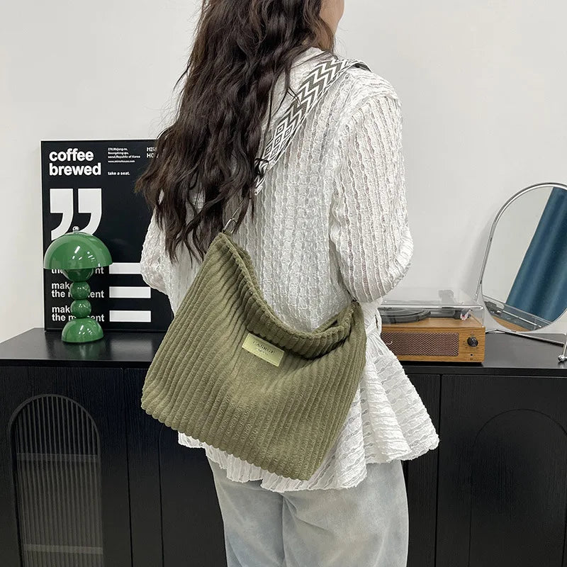Solid Color Corduroy Messenger Bag | Casual Chic Women’s Bucket Bag | Versatile Crossbody & - view 5