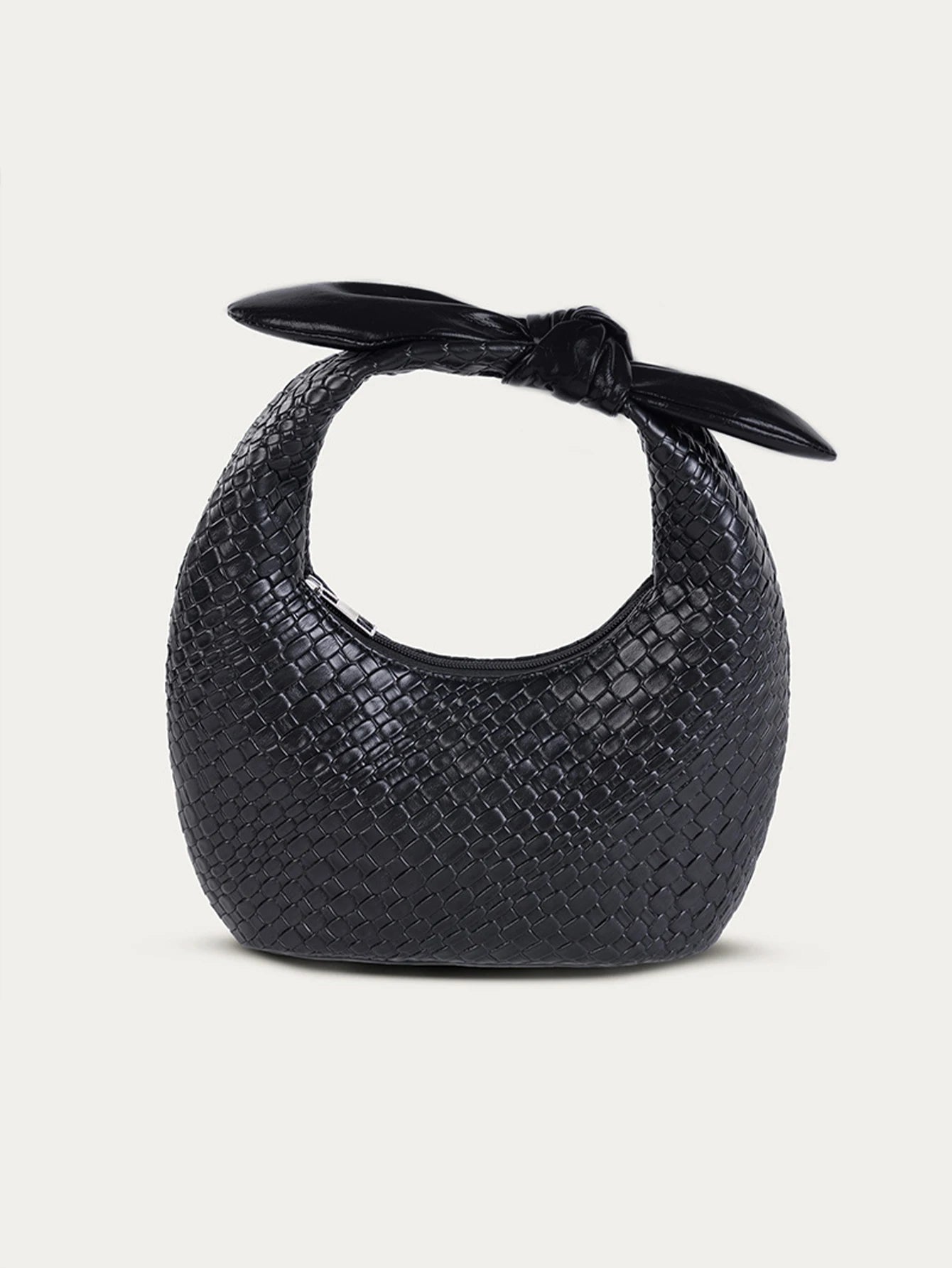 Light Luxury Woven PU Hand-Held Half Moon Bag | Solid Color Bow Handbag Luxegan