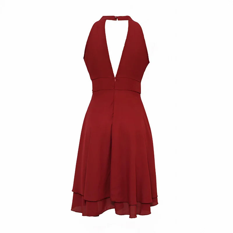 Solid Halter Sleeveless Gauze Overlay Slim Fit A-Line Mid-Calf Dress – Natural Waist, Summer Luxegan