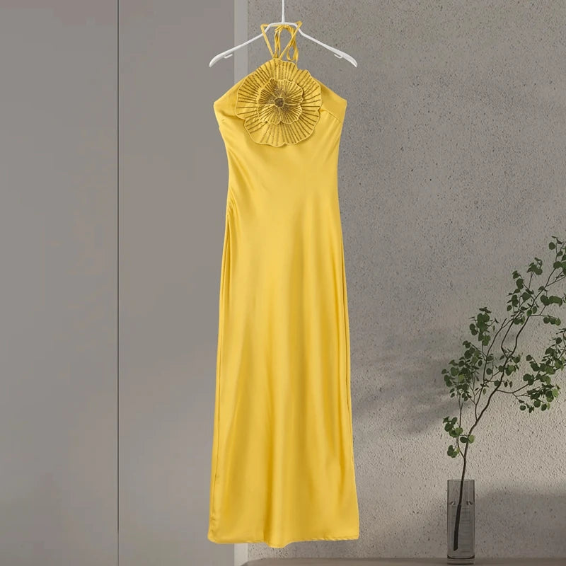 Elegant Party Women's Dress 3D Flower Halter Sleeveless Backless Mermaid Satin Female Dresses 2026 Summer Chic Evening Lady Robe