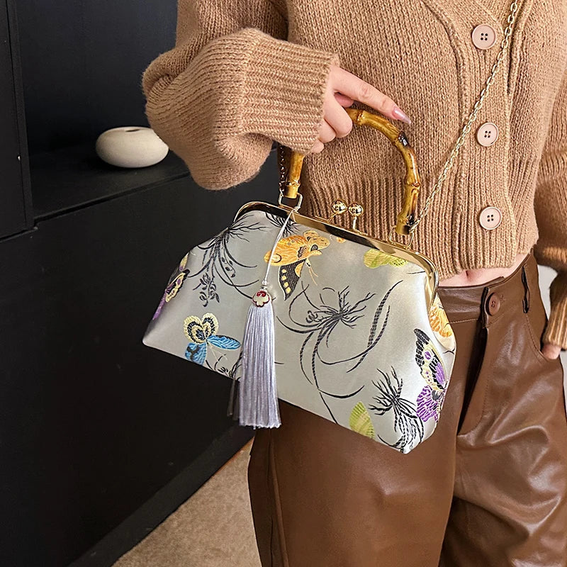 Luxury Embroidery Vintage Evening Bag | Wedding Style Floral Handbag with Tassel Design | National Fashion Shoulder & Crossbody Bag with Bamboo Fiber Lining Luxegan