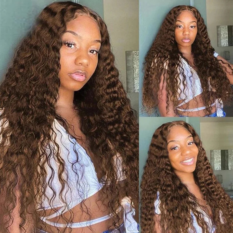 Chocolate Brown Deep Curly HD Lace Wig | Sophisticated 13x6 Transparent Swiss Lace | Elegant "Brazilian Remy" 26+ Inch Silhouette | "Dignified" Deep Wave Human Hair for Radiant Versatile Styling Luxegan