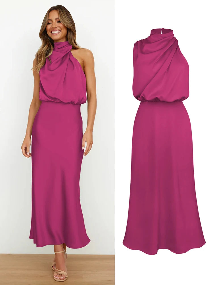 Women's Summer High-End Silk Satin Long Dress | Elegant Celebrity Evening Gown | Luxury Scarf Collar Sleeveless Party Dress | Premium Knit Asymmetrical Slip Maxi Robe Luxegan