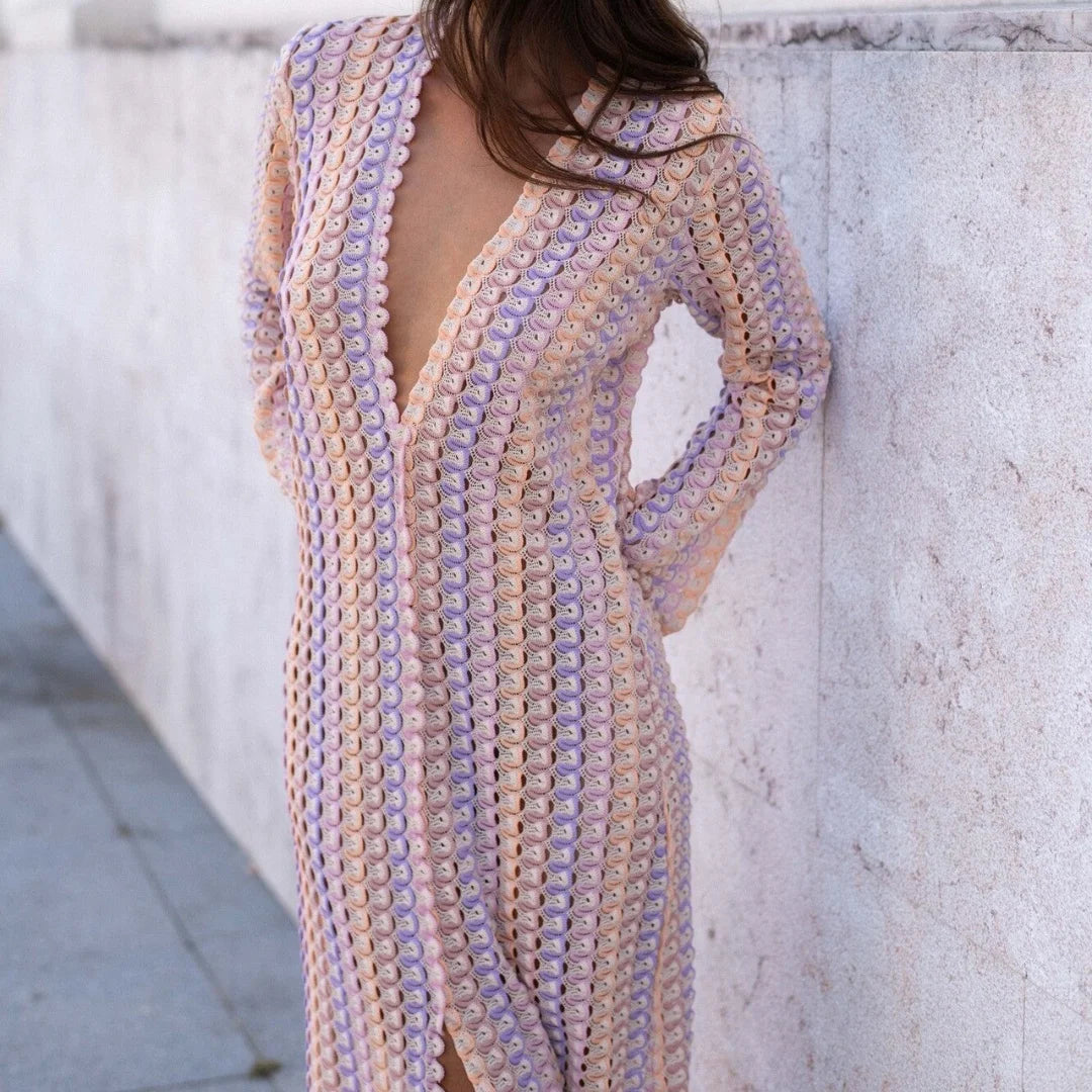 Crochet Hollow-Out Stripe Maxi Dress – Flare Sleeve, Deep V-Neck, Split Hem Luxegan
