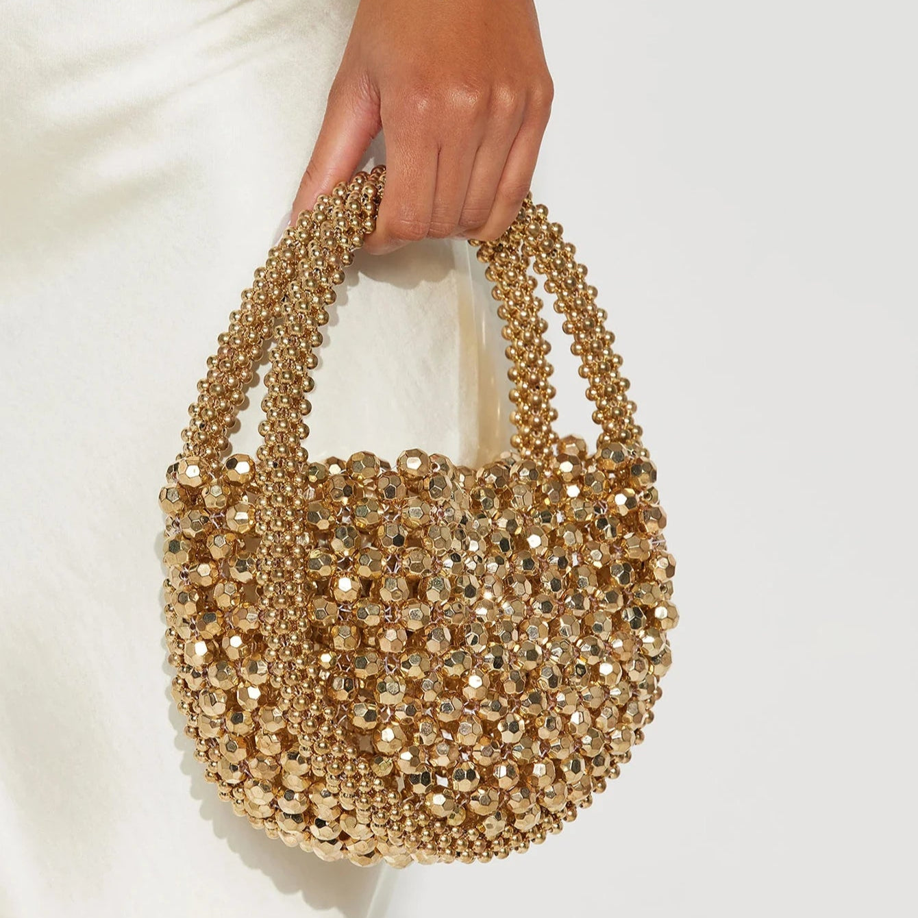 Hollow Hand-Made Pearl & Gold Bead Woven Handbag | Half-Moon Acrylic Bag Luxegan