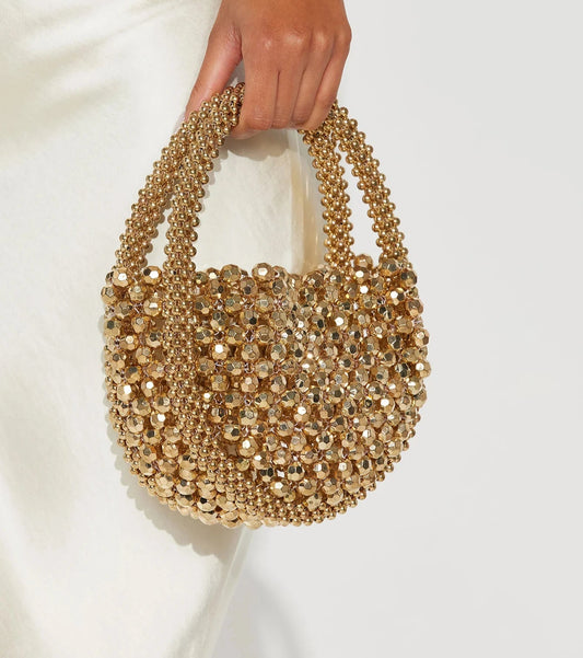 Hollow Hand-Made Metal Sense Gold Beads Woven Handbag | Half-Round String Beads Pearl Bag Luxegan
