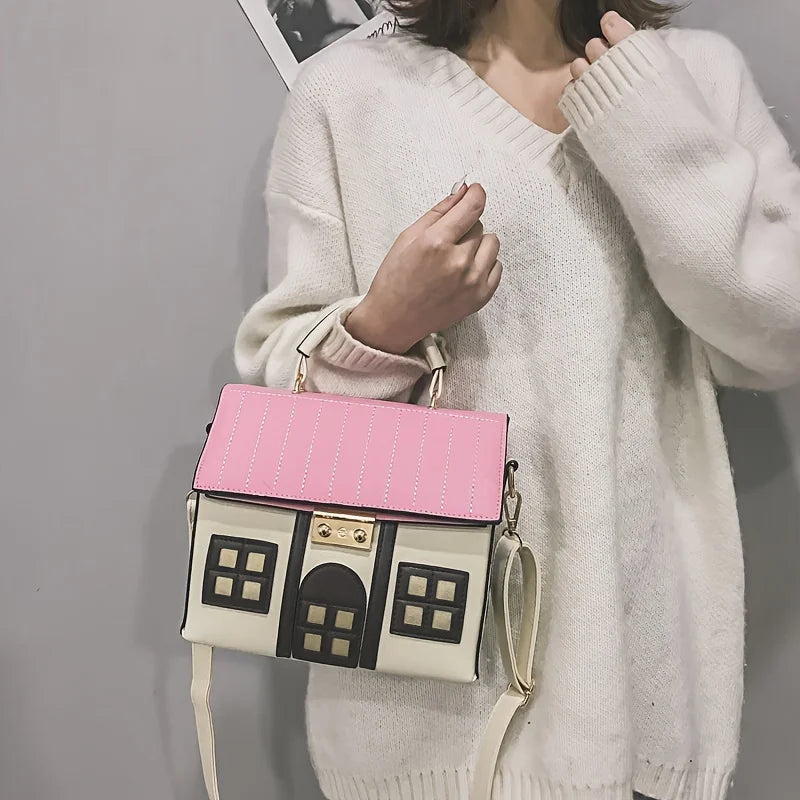 New Creative Cartoon Small House Crossbody Bag | Cute Funny Contrasting Color PU Leather Women's Handbag Luxegan