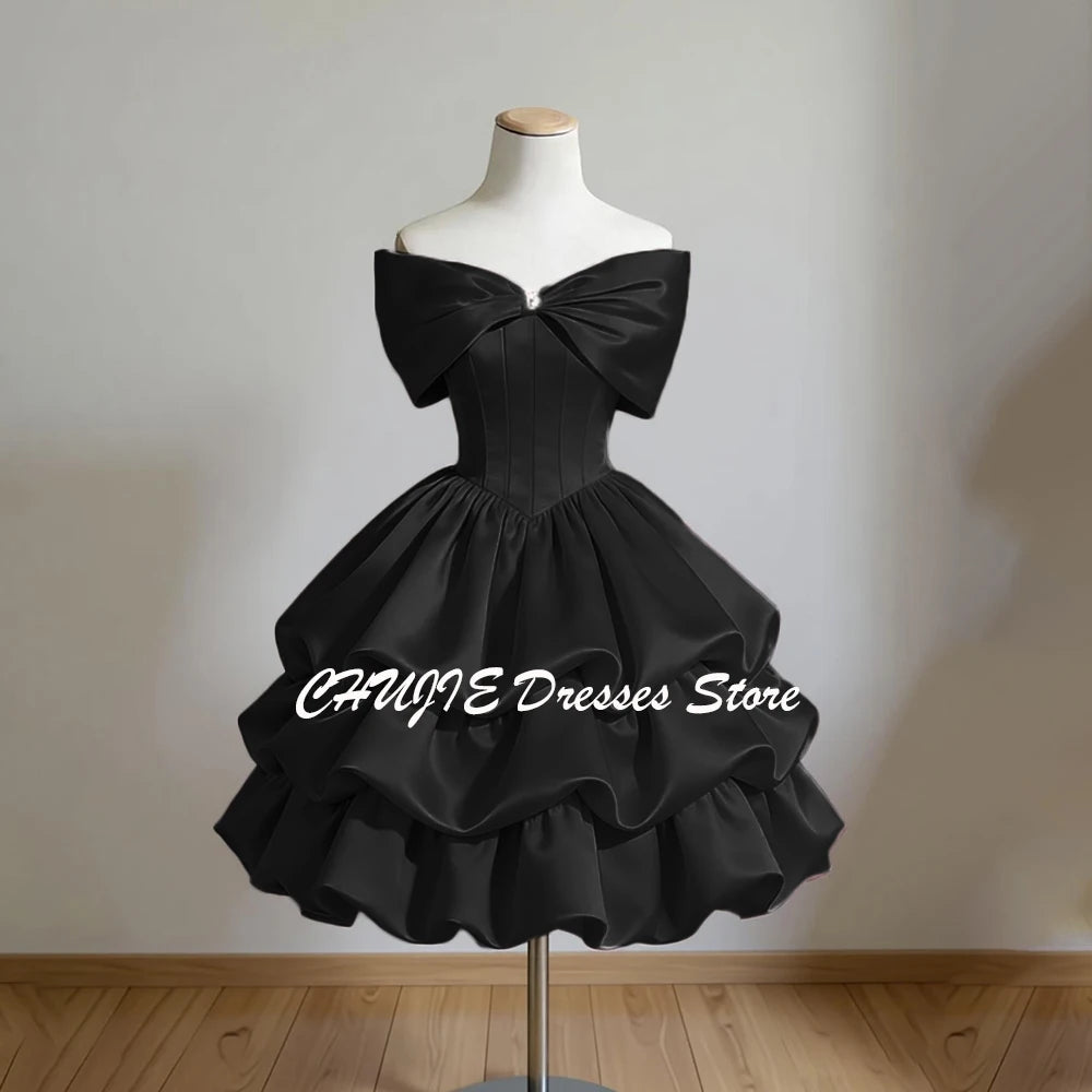 Vintage Off-The-Shoulder Homecoming Mini Dress | Crystal Bow Tiered Graduation Dress | Sleeveless Knee-Length Satin Sweet 15 16 Prom Gown Luxegan