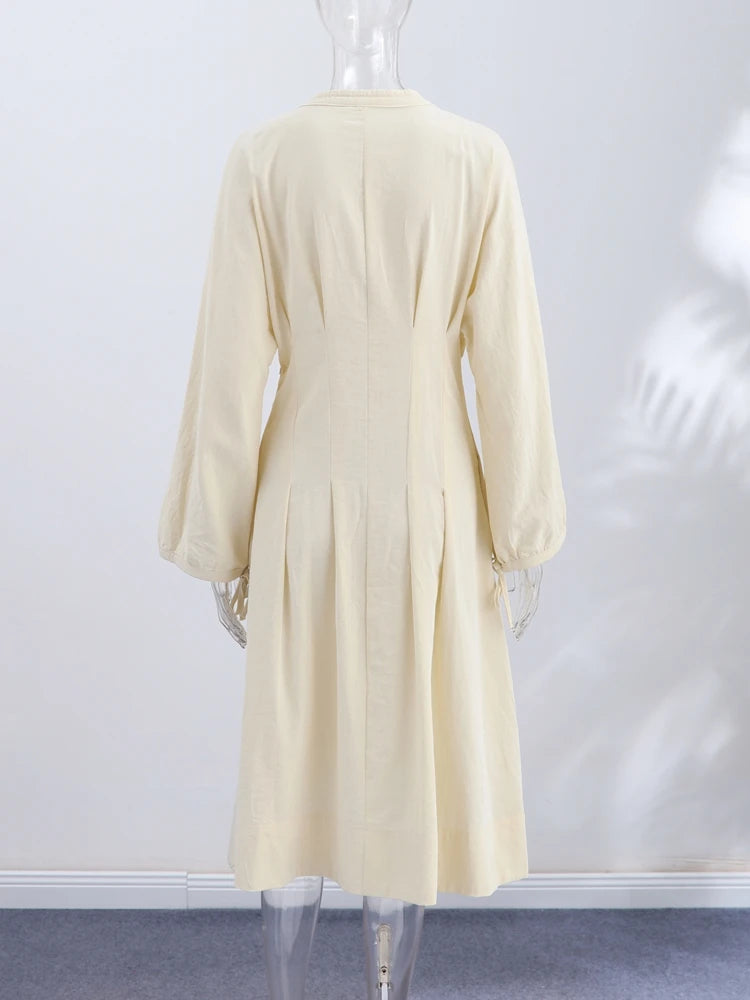 Women's Lace-Up Lantern Sleeve A-Line Midi Dress Luxegan