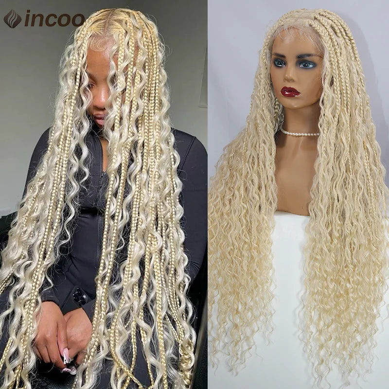 Long 32 Boho Braided Full Lace Front Wigs Synthetic Blonde Curly Goddess Locs Cornrows Wigs Pre Plucked Baby Hair Box Braids Wig Luxegan