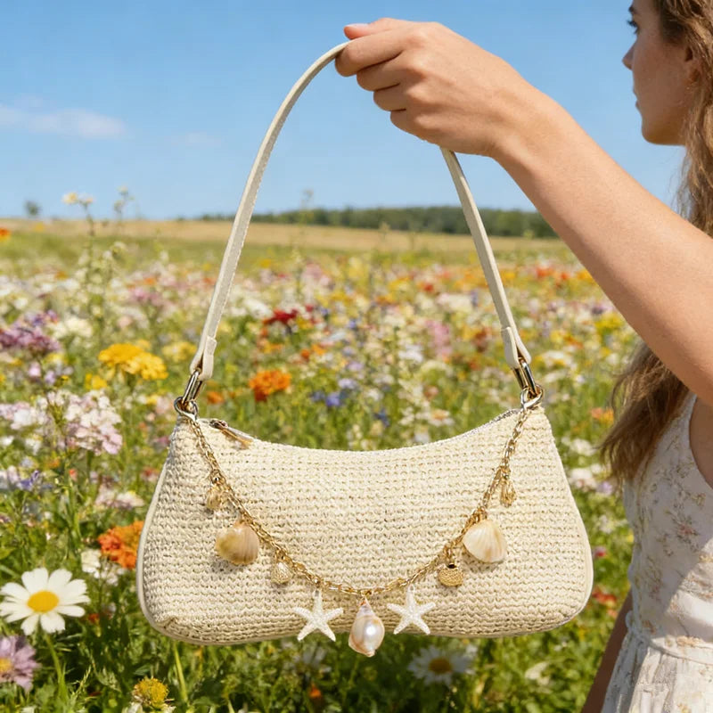 Woven Underarm Straw Bag | Sophisticated "Baguette" Silhouette | Elegant Pearl & Chain Decoration | "Dignified" High-Performance Straw Weaving Essential for Radiant Versatile Styling Luxegan