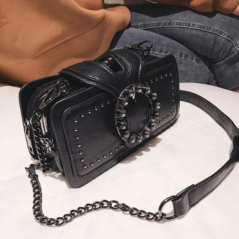 Vintage Round Rhinestone Buckle Shoulder Bag | Fashion Punk Design Top-Handle Crossbody Bag (Popular Rivets Decor Purse for Women) Luxegan