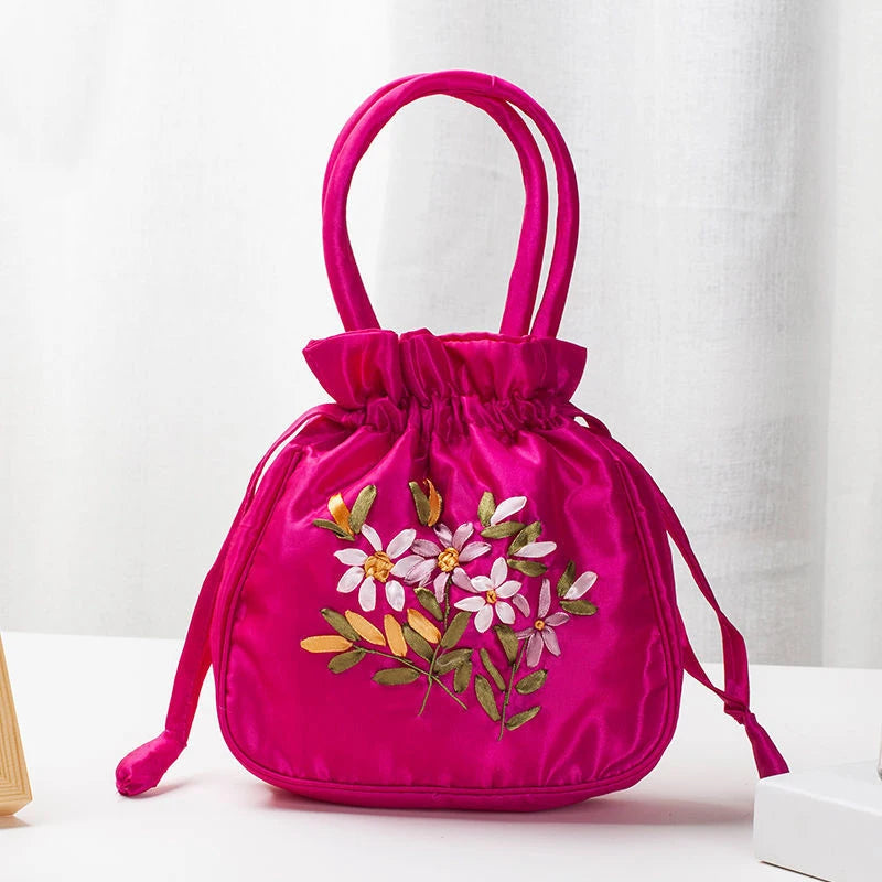 Bolsos Retro Bordados con Cordón Bolsas de Almacenamiento Carteras Monederos Tarjeteros Bolsos de Hombro Tipo Cubo Bolsos de Muñeca