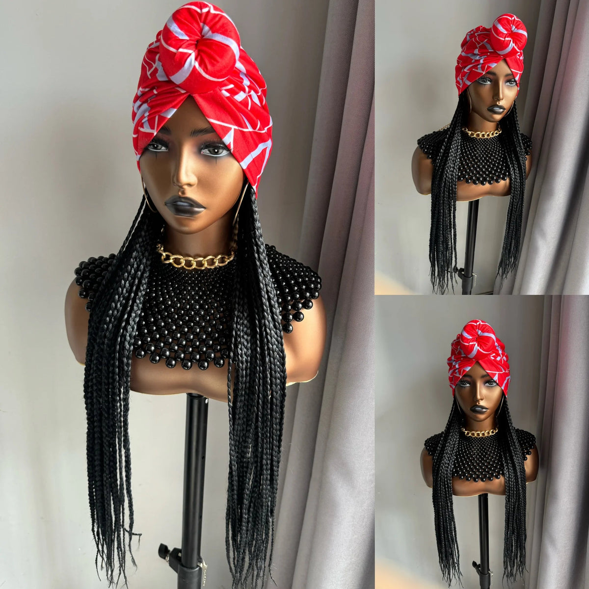 WIGERA Long 24“ Black Box Braided Synthetic Wig With Headband Turban Hat Box Braiding Hair Extensions Head Scarf  Wigs For Women Luxegan