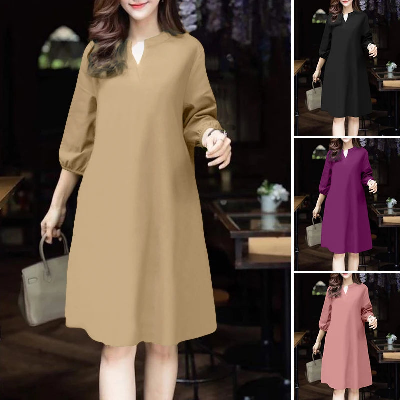 V-Neck Puff Sleeve A-Line Midi Dress | Elegant Solid Work & Casual Autumn Dress Luxegan