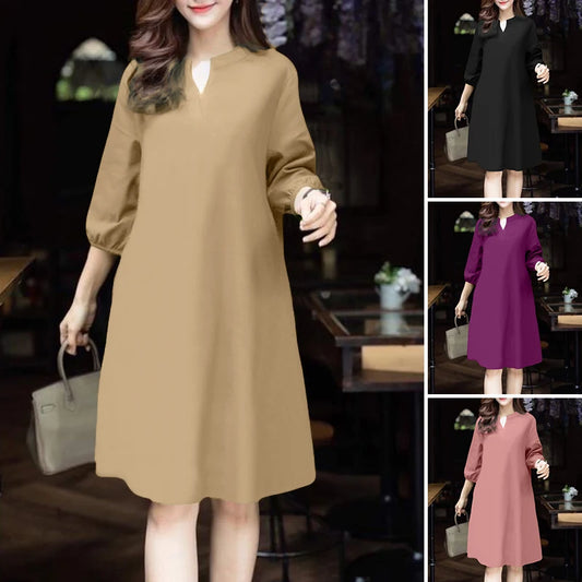 V-Neck Puff Sleeve A-Line Midi Dress | Elegant Solid Work & Casual Autumn Dress Luxegan