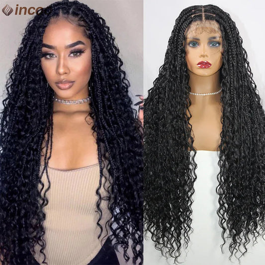 Long 32 Boho Braided Full Lace Front Wigs Synthetic Blonde Curly Goddess Locs Cornrows Wigs Pre Plucked Baby Hair Box Braids Wig Luxegan
