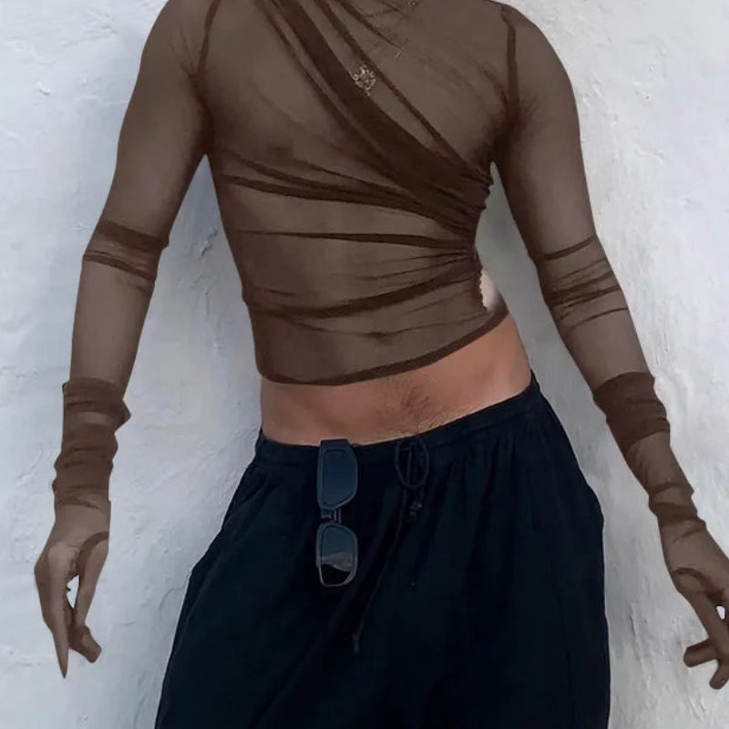 Men’s Sexy Mock Neck Mesh T-Shirt | Sophisticated "Transparent" Long Sleeve Silhouette | Elegant "See-Through" Net Yarn Nightclub Top | "Dignified" High-Performance Party Shirt for Radiant Versatile Styling Luxegan