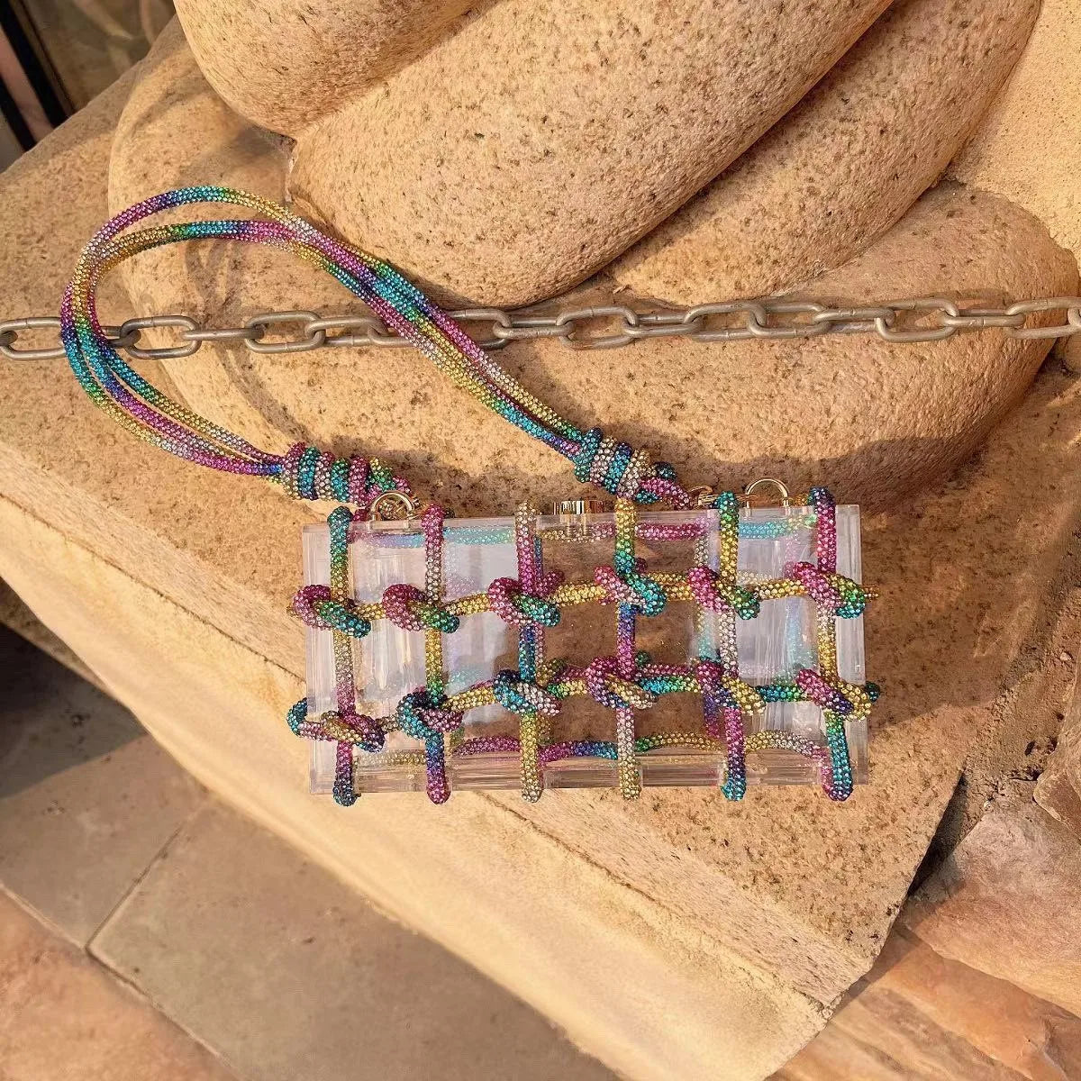 Diamond Clear Acrylic Box Evening Bag | Boutique Woven Knotted Rhinestone Purse | Luxury Party Clutch with Crystal Rope Handle & Metal Chain (Model 1201000988) Luxegan