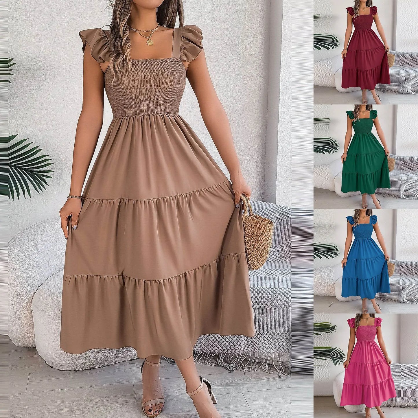 Solid Sleeveless Backless Pleated Maxi Dress | Square Neck A-Line Beach & Casual Dress Luxegan