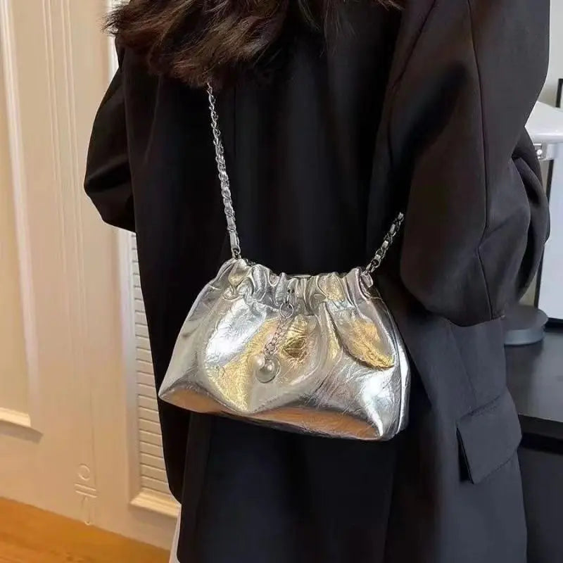 Summer Silver Folded Chain Bucket Bag | Women's Crossbody & Shoulder Bag Luxegan