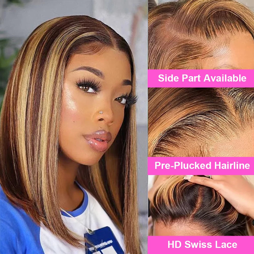 Highlight P4/27 Straight Short Bob Wig - 13x4 HD Lace Frontal & 7x5 / 5x5 Wear-and-Go Glueless Human Hair Wig - Pre-Cut Ready-to-Wear Peruvian Remy Hair Bob Wig for Women (4-16 Inch) Luxegan