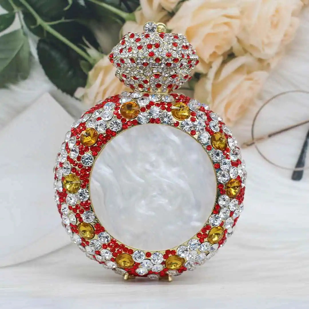 New Design "Big Diamond Ring" Evening Bag | Luxury Bridal Wedding Rhinestone Clutch | Elegant Circular Gold & Silver Handbag | Glamorous Sequined Dress Purse (Model DR521) Luxegan